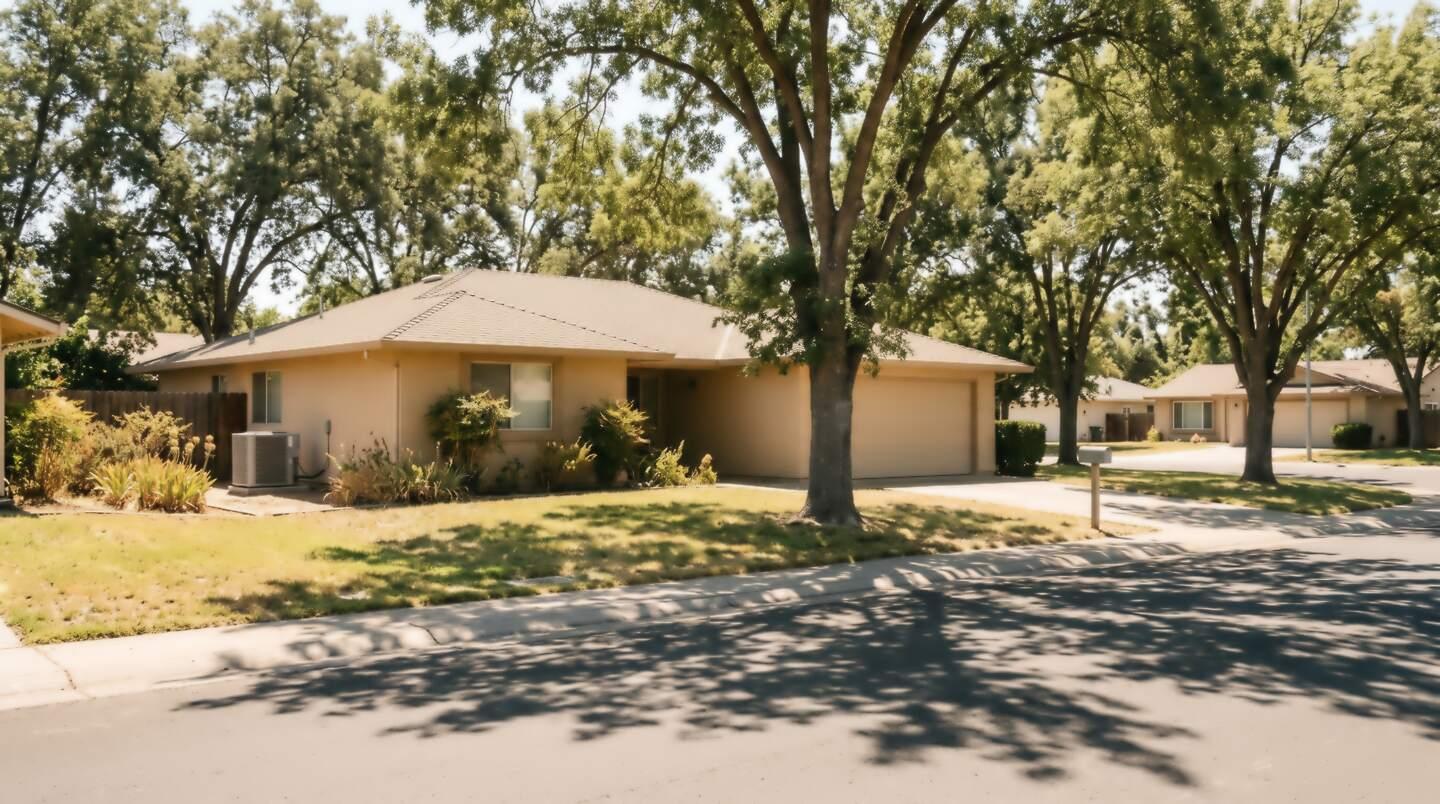 Single-story stucco ranch home with an attached garage under mature oak shade