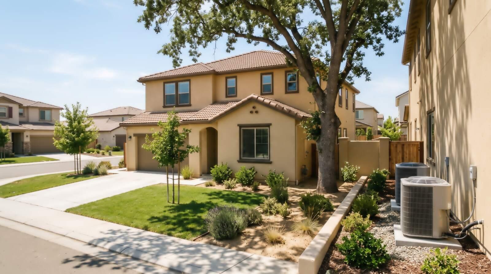 Two-story stucco home with a tile roof and two AC condensers in the side yard