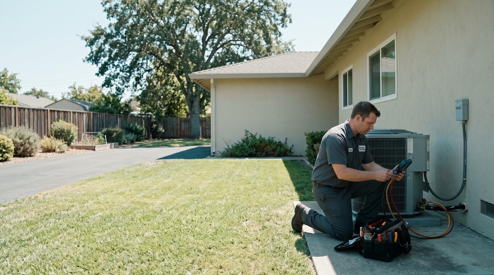 HVAC technician servicing an outdoor AC condenser with manifold gauges beside a Sacramento-area home