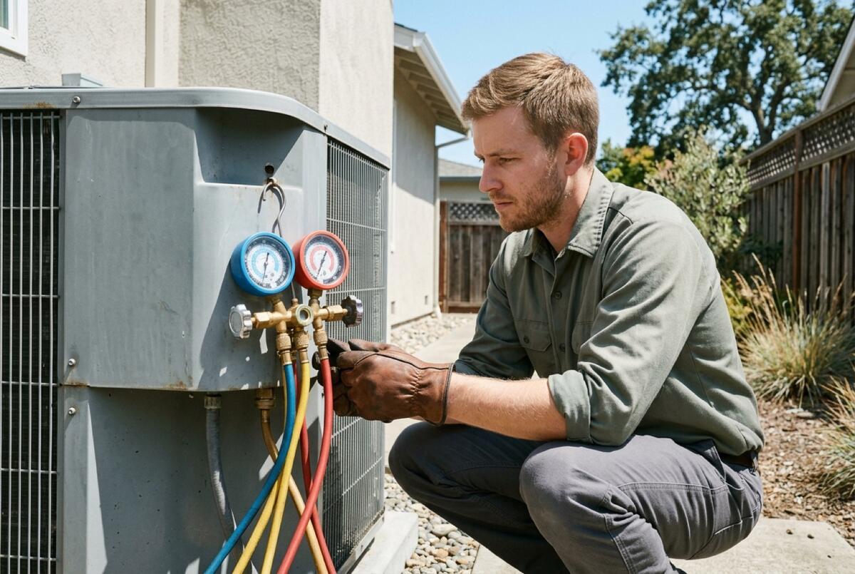 Manifold gauge set connected to an outdoor AC condenser in daylight