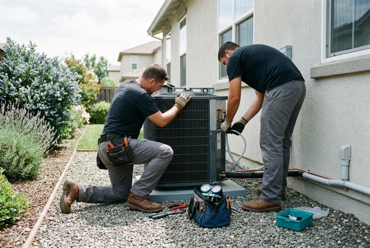 Two technicians setting an outdoor HVAC unit level in a suburban side yard