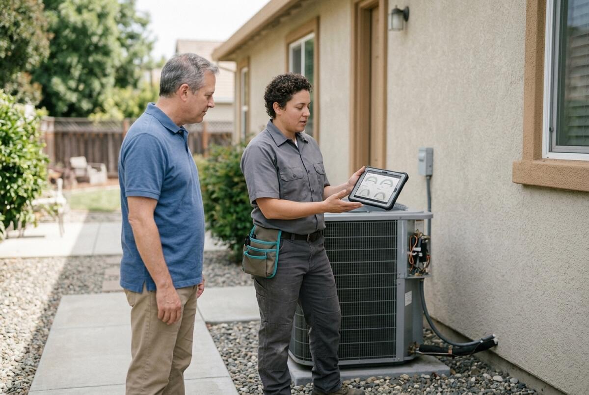 Technician reviewing the completed work with a homeowner beside an outdoor unit