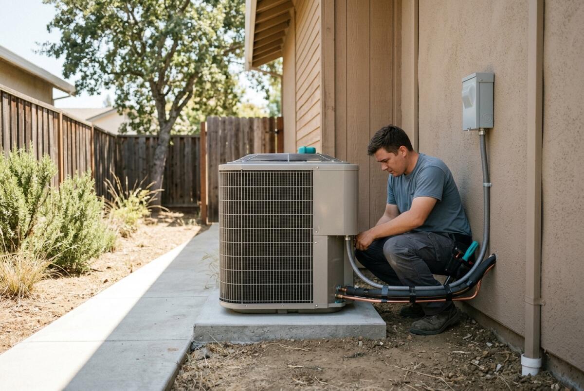 Newly installed outdoor AC condenser on a level pad with a tidy copper line set