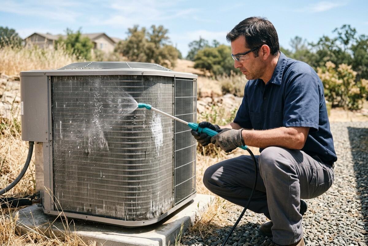 Technician rinsing an outdoor condenser coil with a low-pressure sprayer