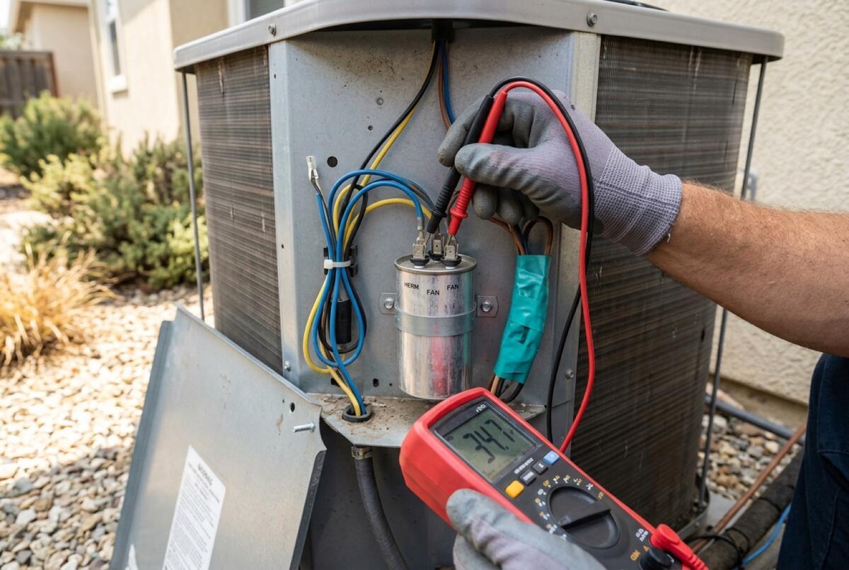 Hands testing a dual-run capacitor on an outdoor AC condenser