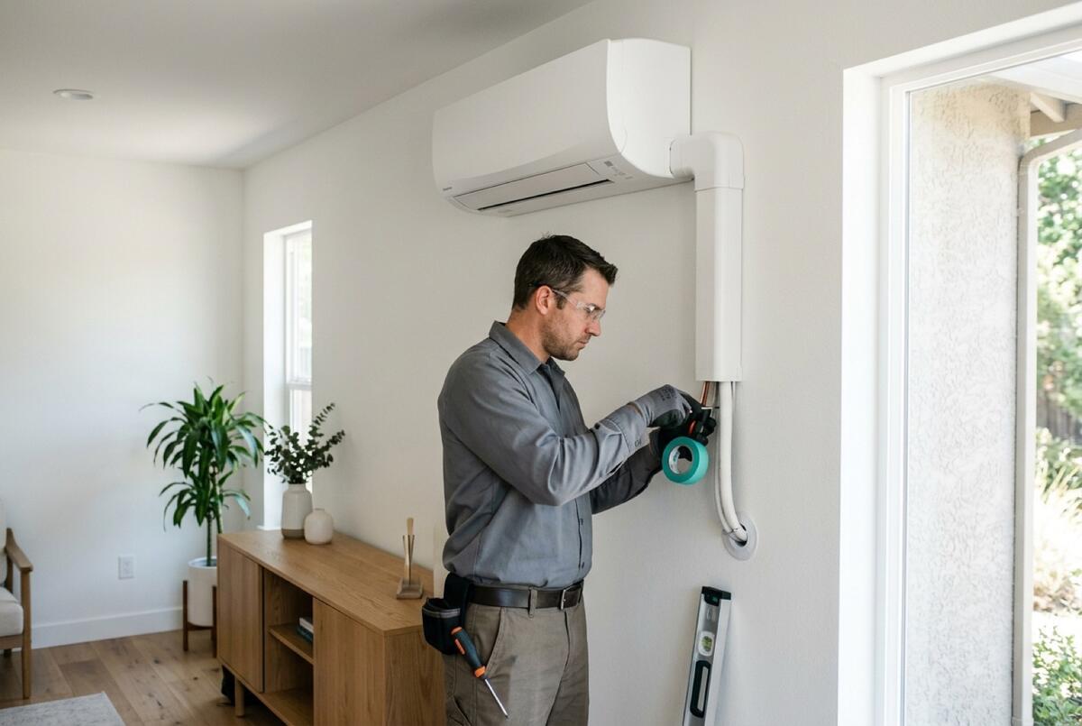 Wall-mounted ductless mini-split indoor head with a tidy line-hide cover