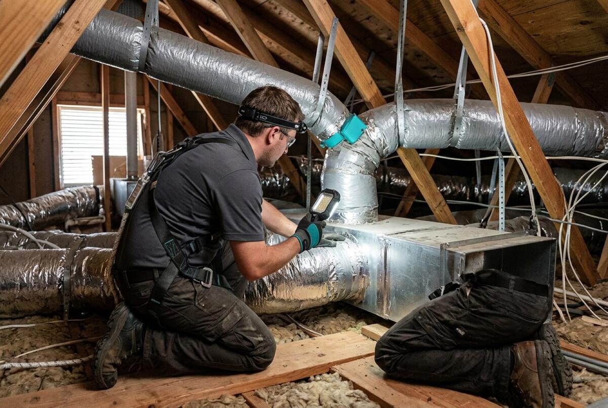 Attic ductwork inspection with flexible and rigid ducts under a work light