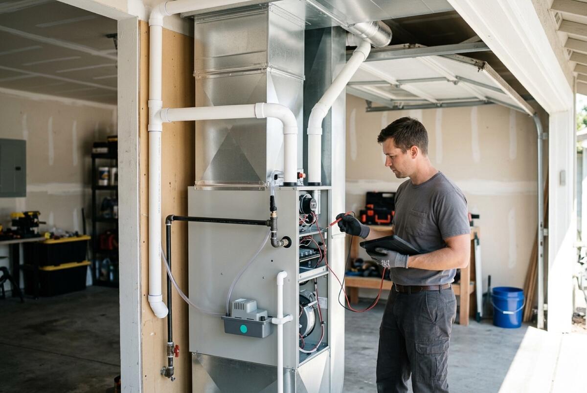 Newly installed high-efficiency furnace with PVC venting in a garage