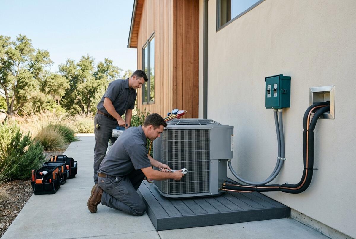 Outdoor heat pump on a composite pad beside a Northern California home