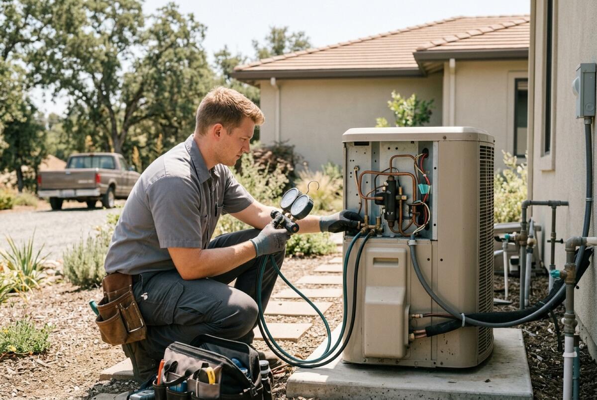 Technician checking refrigerant gauges at an outdoor heat pump