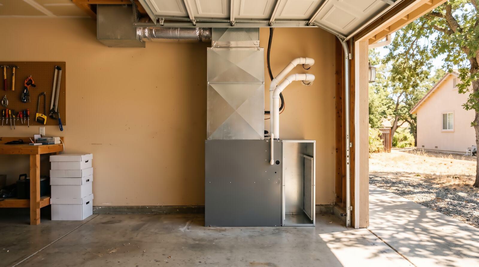 Gas furnace with a sheet-metal plenum and PVC vent pipes in a residential garage
