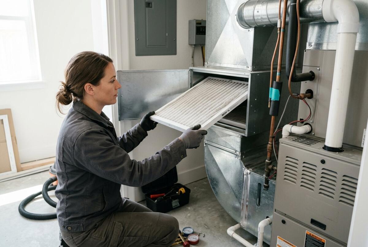High-MERV media filter partly withdrawn from a furnace cabinet