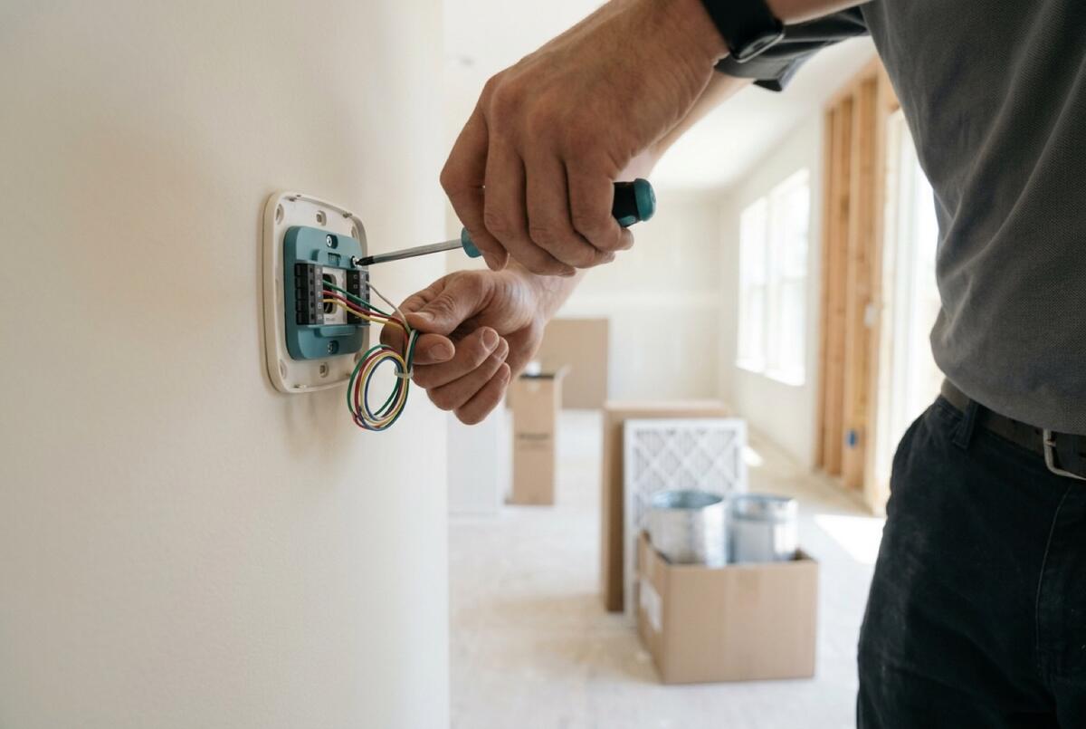 Smart thermostat being wired at a wall with terminal screws visible